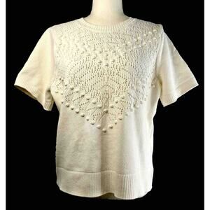 Talbots Knitted Top Sz XLp White Cream Ribbed Hem MOP Back Button Short Sleeve